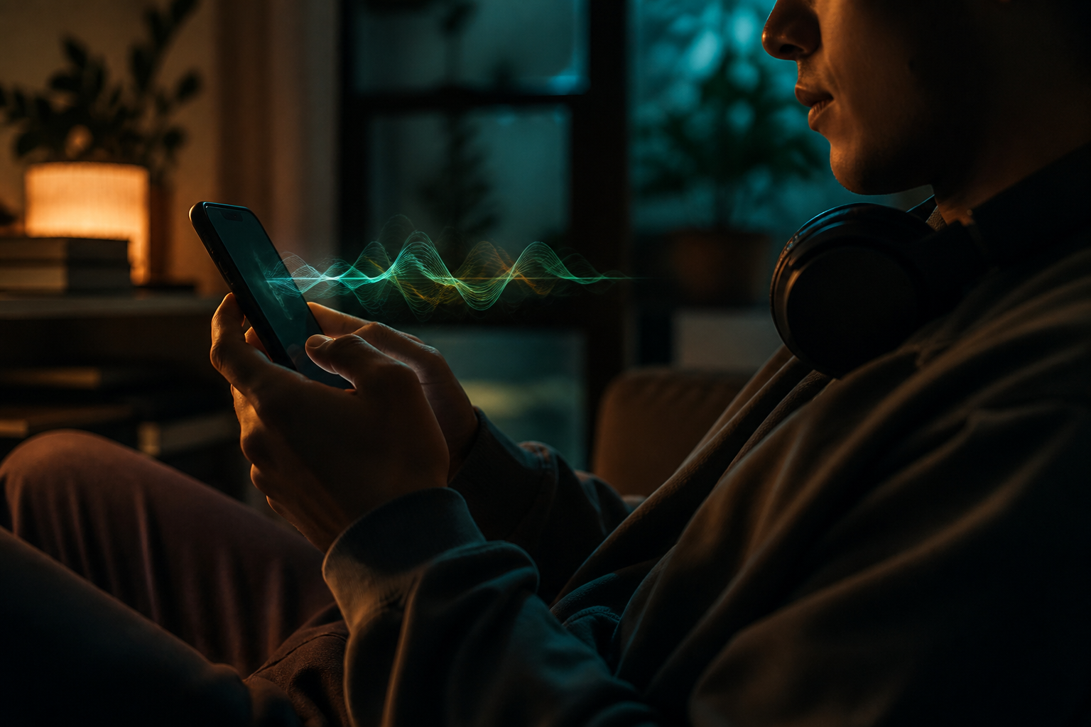 Listener with headphones and phone enjoying music while earning